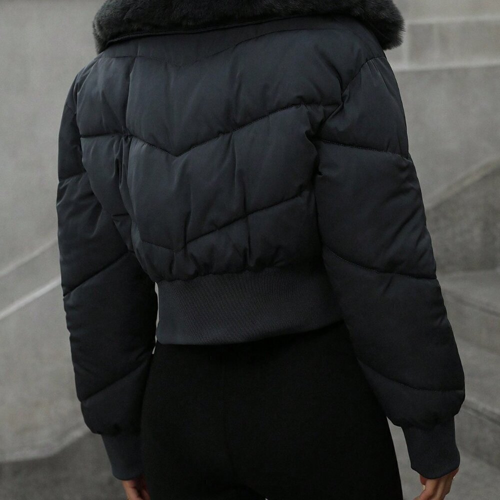 Dark Grey Chic Women's Cropped Collar Gathered Waist Faux Fur Trim Bomber Jacket - Picture 2 of 6